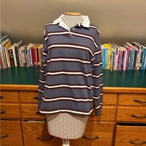 Cotton On Women’s Long Sleeved Polo Blue White Striped Buttons Size XS